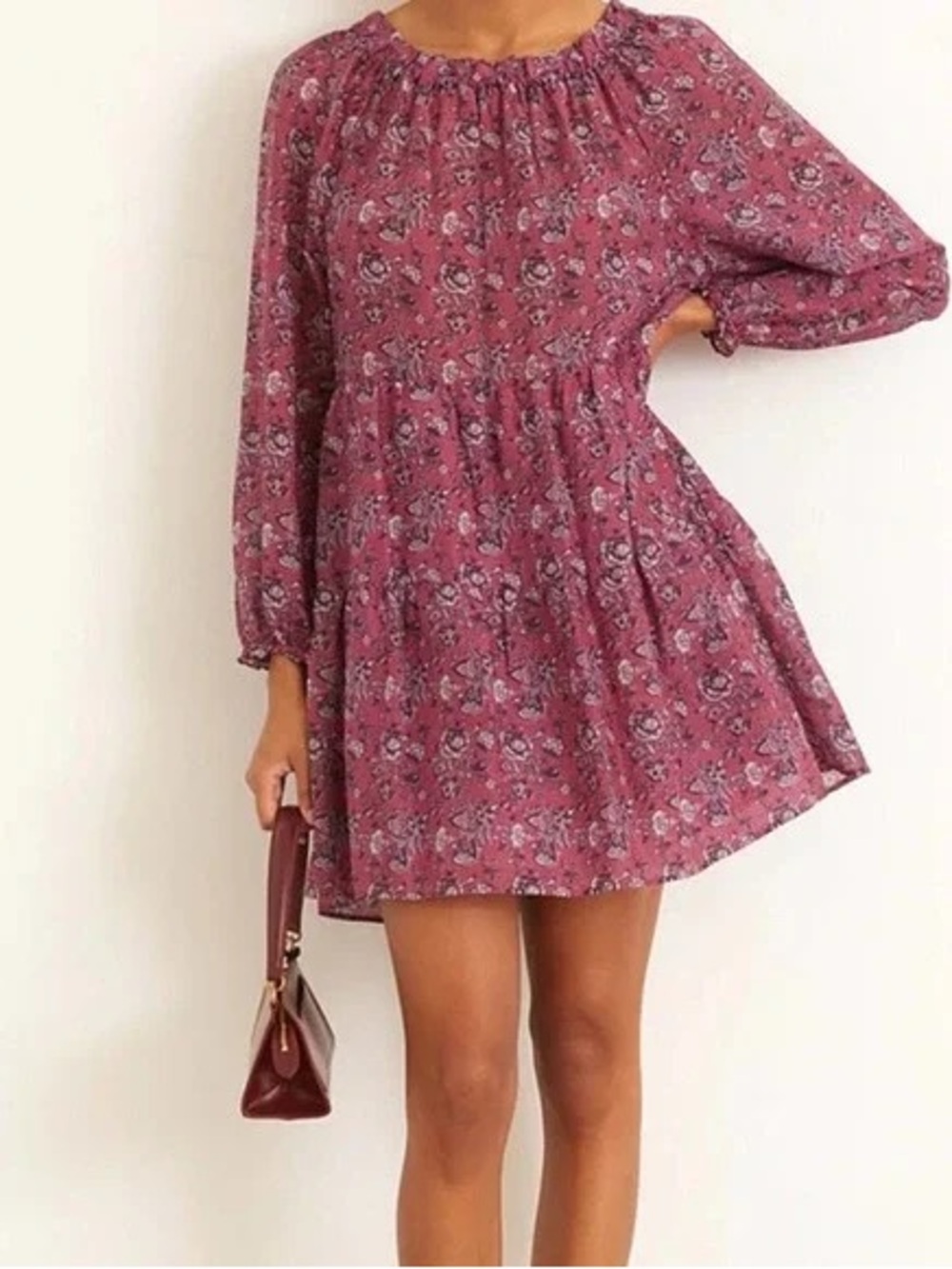 Xirena Floral Smocked Yoke Long-Sleeve Mini Dress in Dusty Rose large